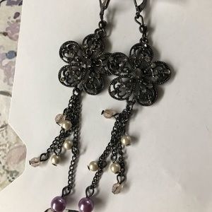 Dangly gray and purple flower earrings